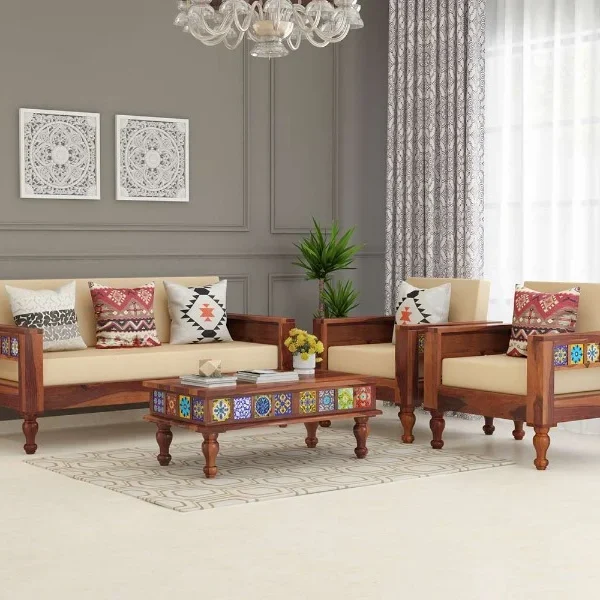 Neo Solid Sheesham Wood Sofa Set (Honey Finish)