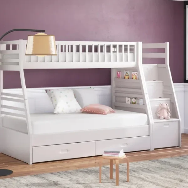 Twin over Twin Staircase Bunk Bed with Twin Size Trundle in White