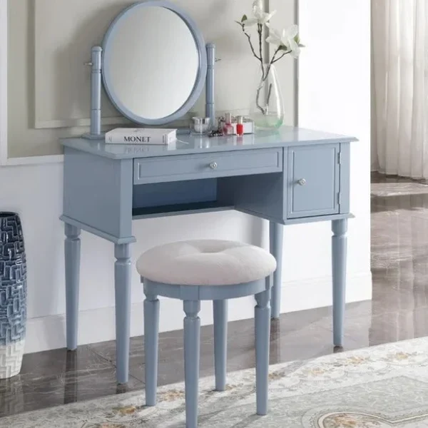 Wide Vanity Set with Stool and Mirro