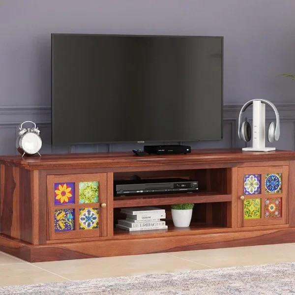 Alex Sheesham Wood Tv Cabinets with Tiles and Storage