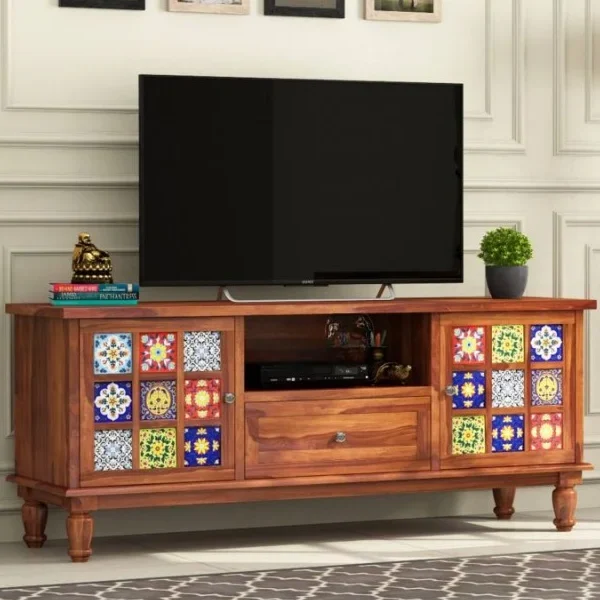 Boho Sheesham Wood Tv Cabinet with Ceramic Tiles & Storage