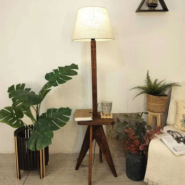 Claude Wooden Floor Lamp with Brown Base and Jute Fabric Lampshade