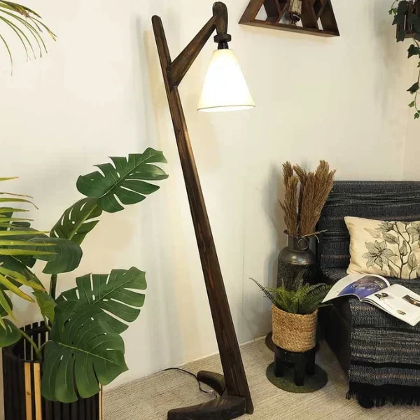 Druid Wooden Floor Lamp with Brown Base and Jute Fabric Lampshade