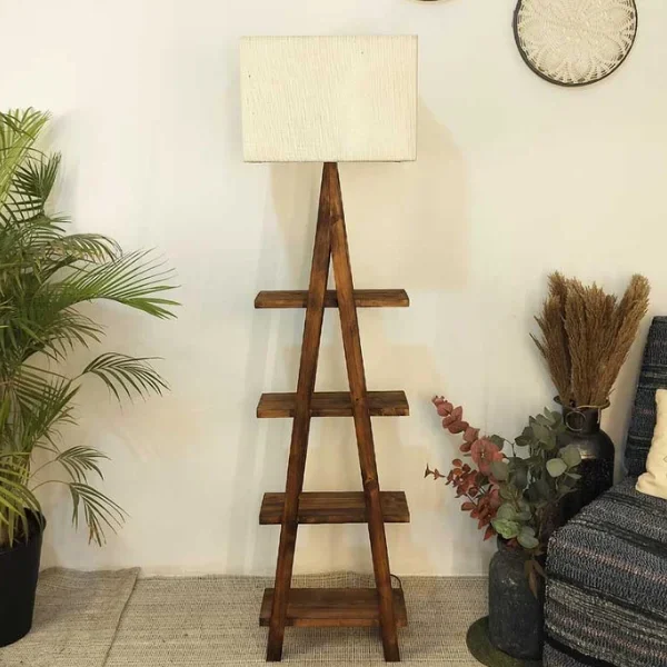 Louise Wooden Floor Lamp with Brown Base and Jute Fabric Lampshade