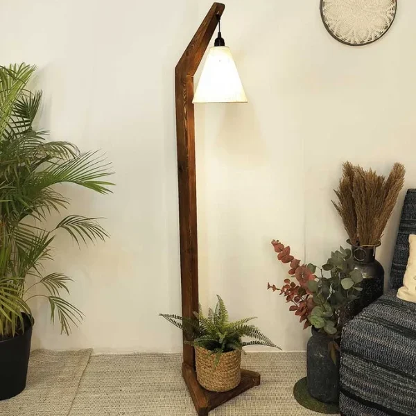 Wooden Floor Lamp with Brown Base and Jute Fabric Lampshade