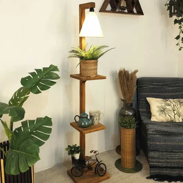 Wooden Floor Lamp with Brown Base and Jute Fabric Lampshade