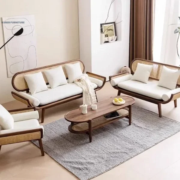 Casual White Upholstered Sheesham Wood  Sofa with Flared Arm & Living Room