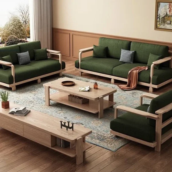 Royal Ash Wood Olive Green Sofa Wooedn Sofa  Set for Sitting Room