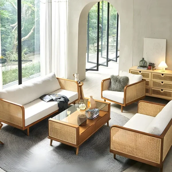 High Linen Sofa White Tuxedo Arm Sofa with Loose Back in Solid Wood