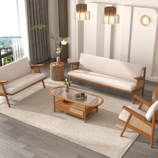 Versatile Sofa  in Cream with Natural Wood, Sloped Arms, and Removable Cushion