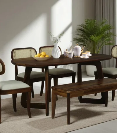 Brookwood Sheesham Wood Six Seater Dining Table Set With Bench In Provincial Teak Finish