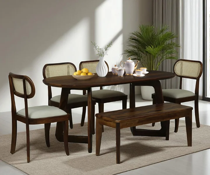 Brookwood Sheesham Wood Six Seater Dining Table Set With Bench In Provincial Teak Finish (2) Brookwood Sheesham Wood Six Seater Dining Table Set With Bench In Provincial Teak Finish