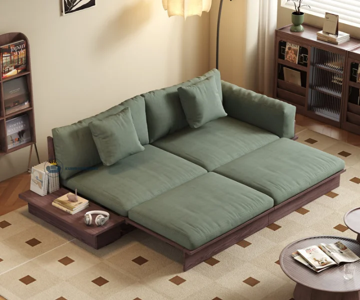 Japandi Solid Wood Sofa Bed with Liftable Armrest Storage Box (19)